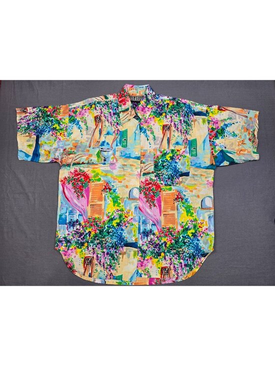 Jams Tops - Vintage Hot Gossip Landscape 100% Cotton Short Sleeve Button Up Shirt Large